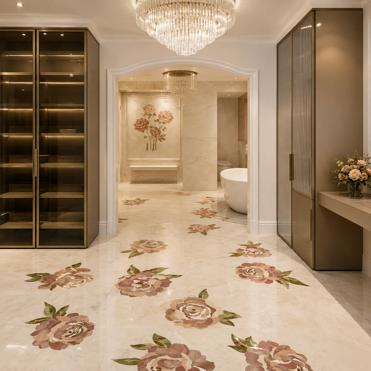 Bespoke Rose Floral Marble Floor Inlay