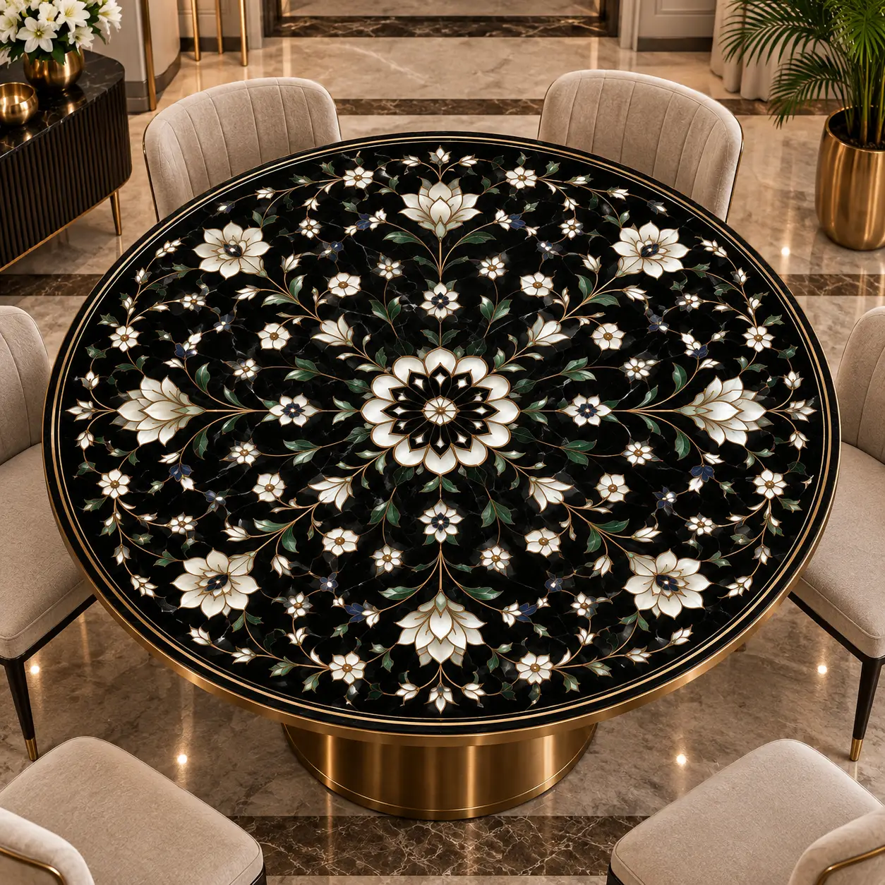 Black Marble Floral Inlay Table Top
