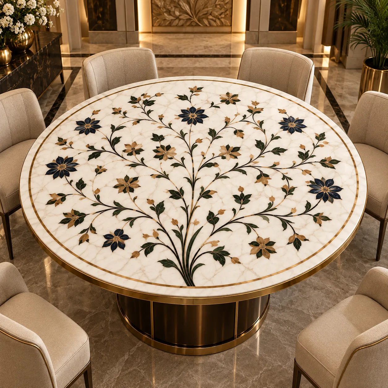 Botanical Elegance Marble Inlay Table Top