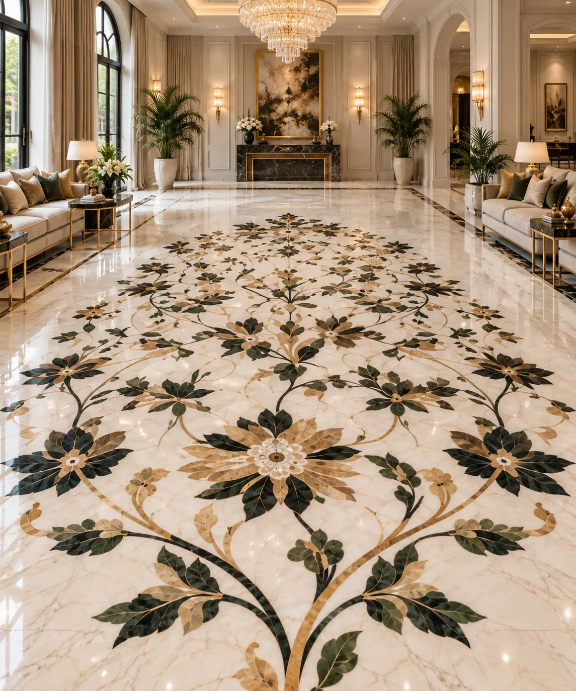 Contemporary Botanical Marble Inlay Floor