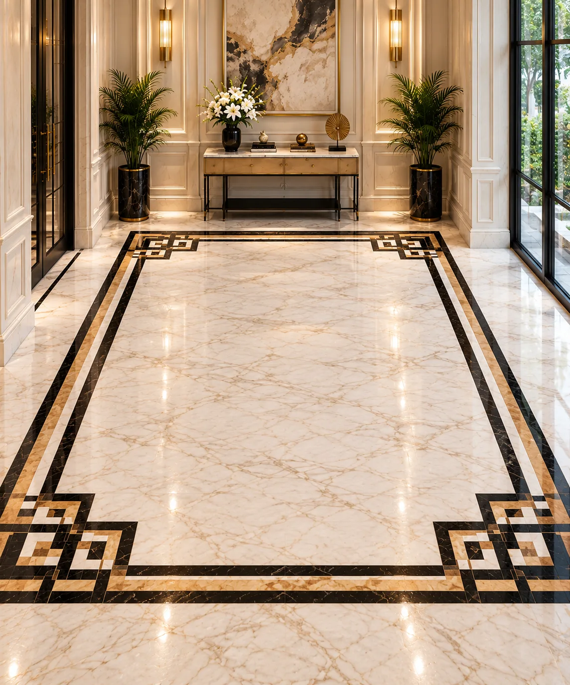 Contemporary Geometric Border Marble Inlay Floor