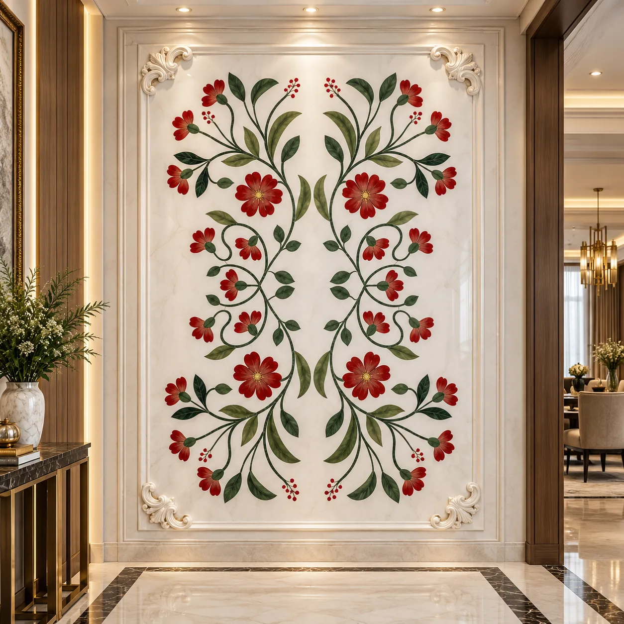 Crimson Bloom Marble Inlay Wall Art