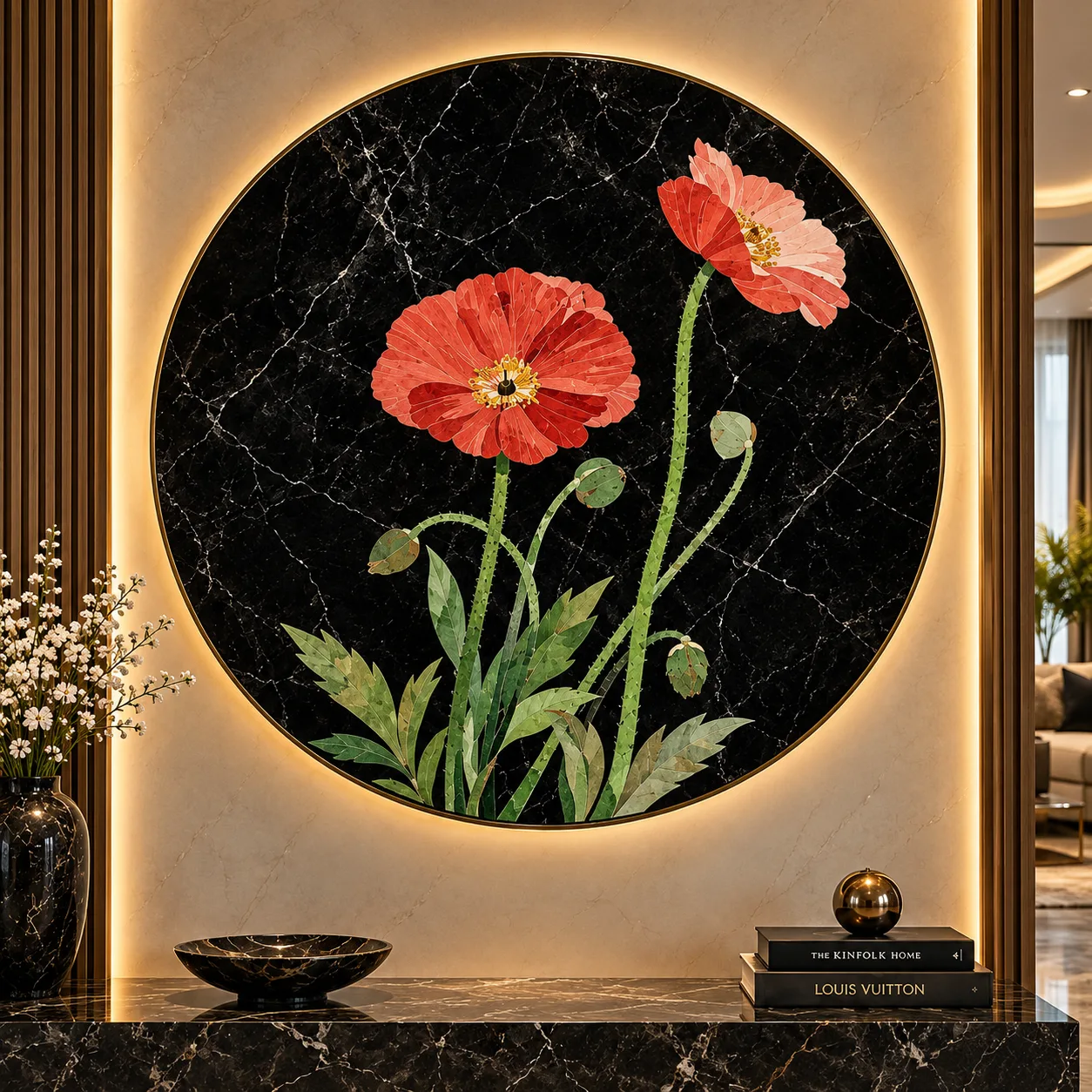 Crimson Poppy Marble Inlay Wall Art