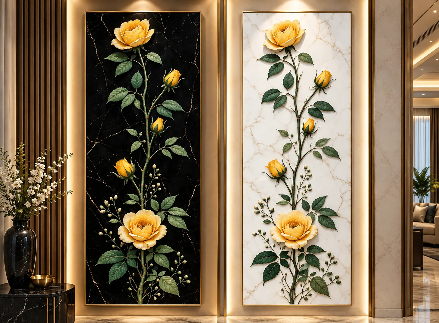Golden Rose Marble Inlay Wall Art