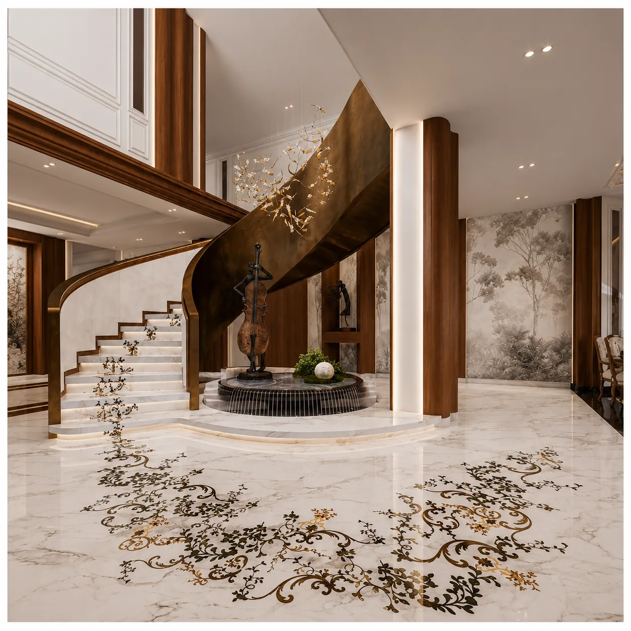 Grand Botanical Scroll Marble Floor Composition