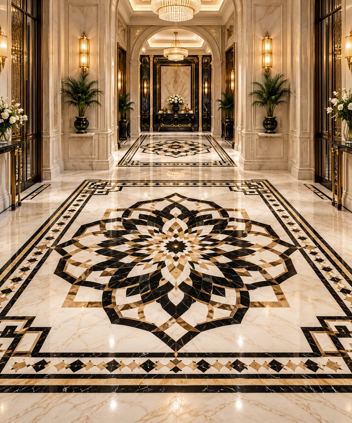 Islamic Geometric Marble Inlay Floor Medallion