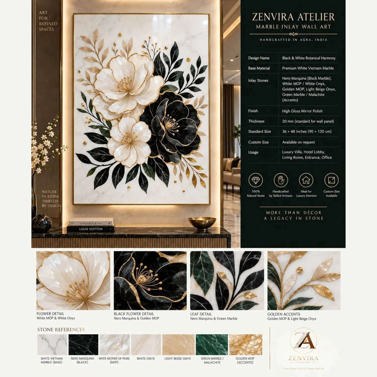 Noir and Ivory Botanical Marble Inlay Wall Art