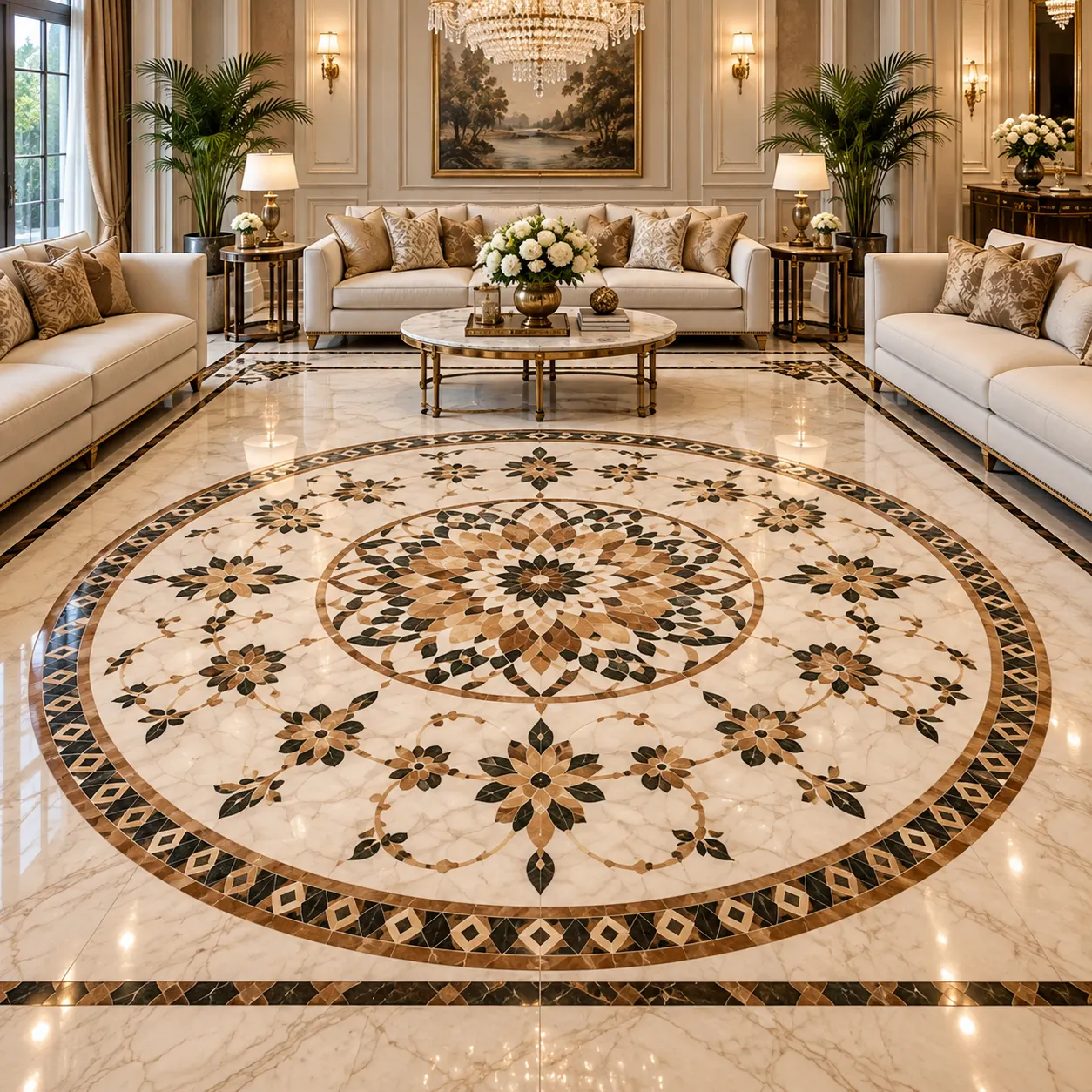 Majlis Floral Marble Inlay Floor Medallion
