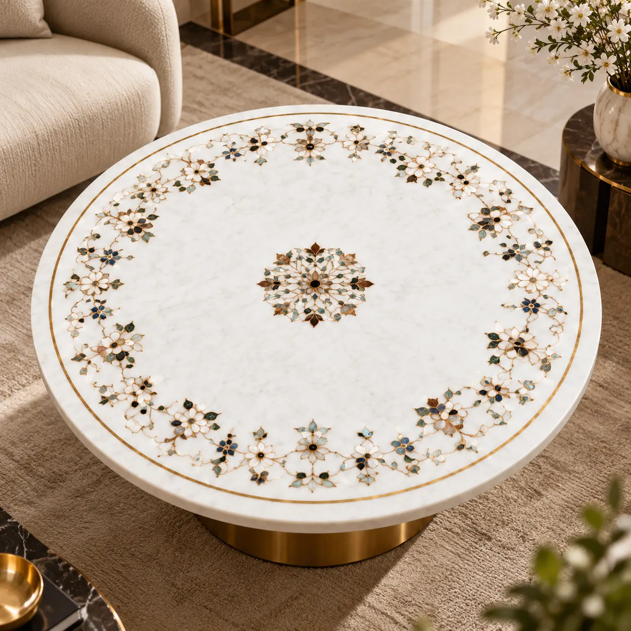 Minimal Luxury Floral Marble Inlay Table Top