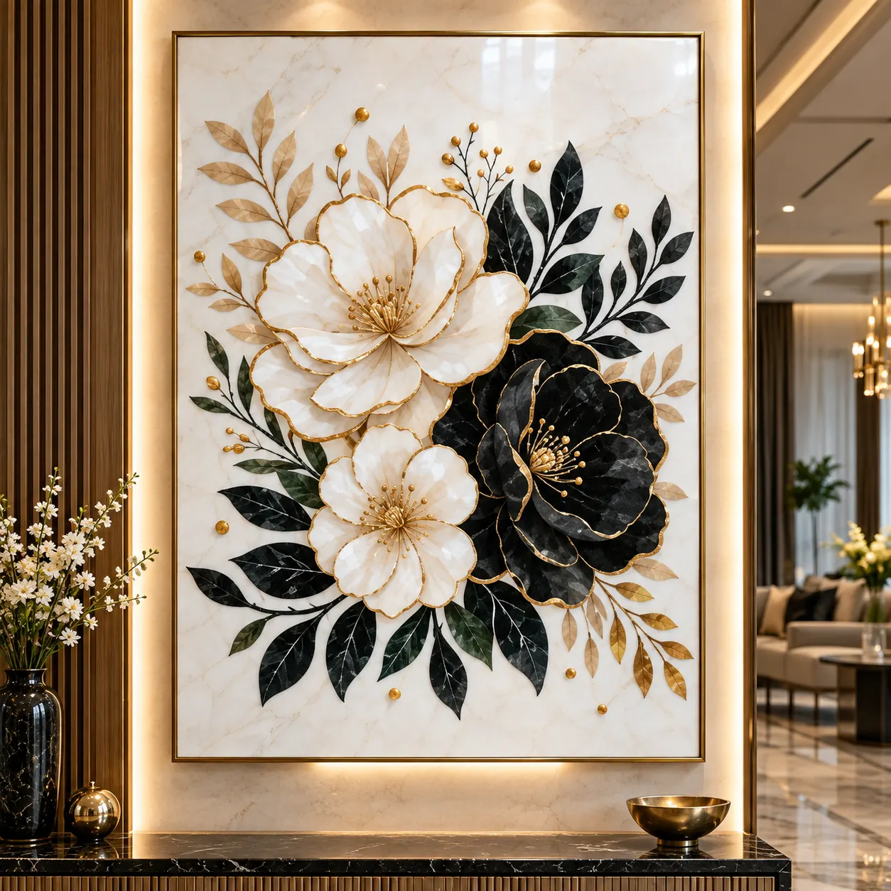 Noir and Ivory Botanical Marble Inlay Wall Art
