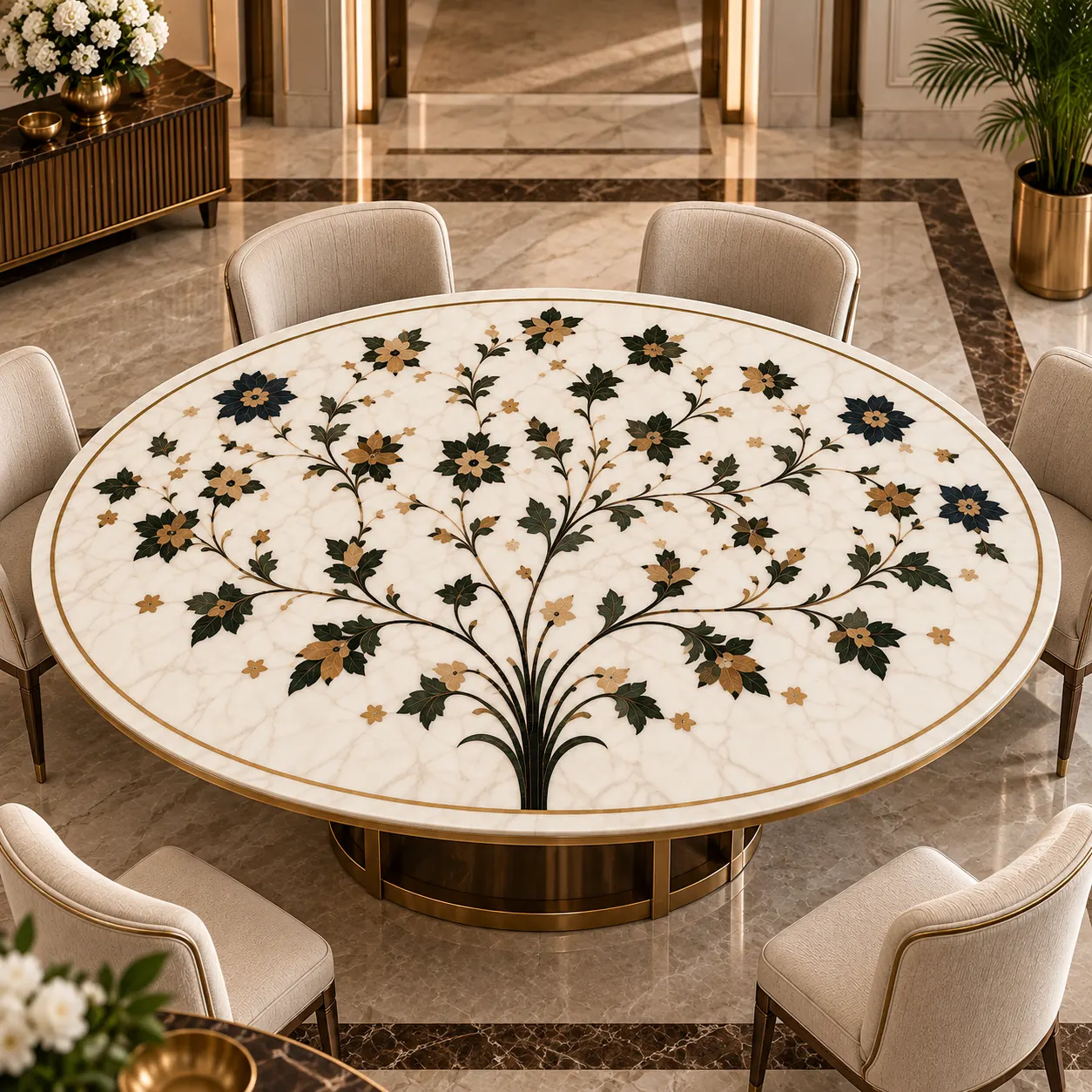 Oval Botanical Marble Inlay Table Top