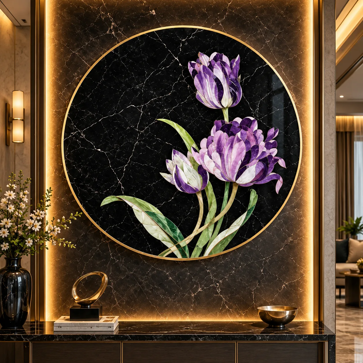 Royal Amethyst Tulip Marble Inlay Wall Art