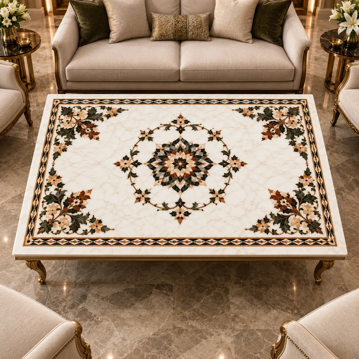 Royal Arabesque Marble Inlay Table Top