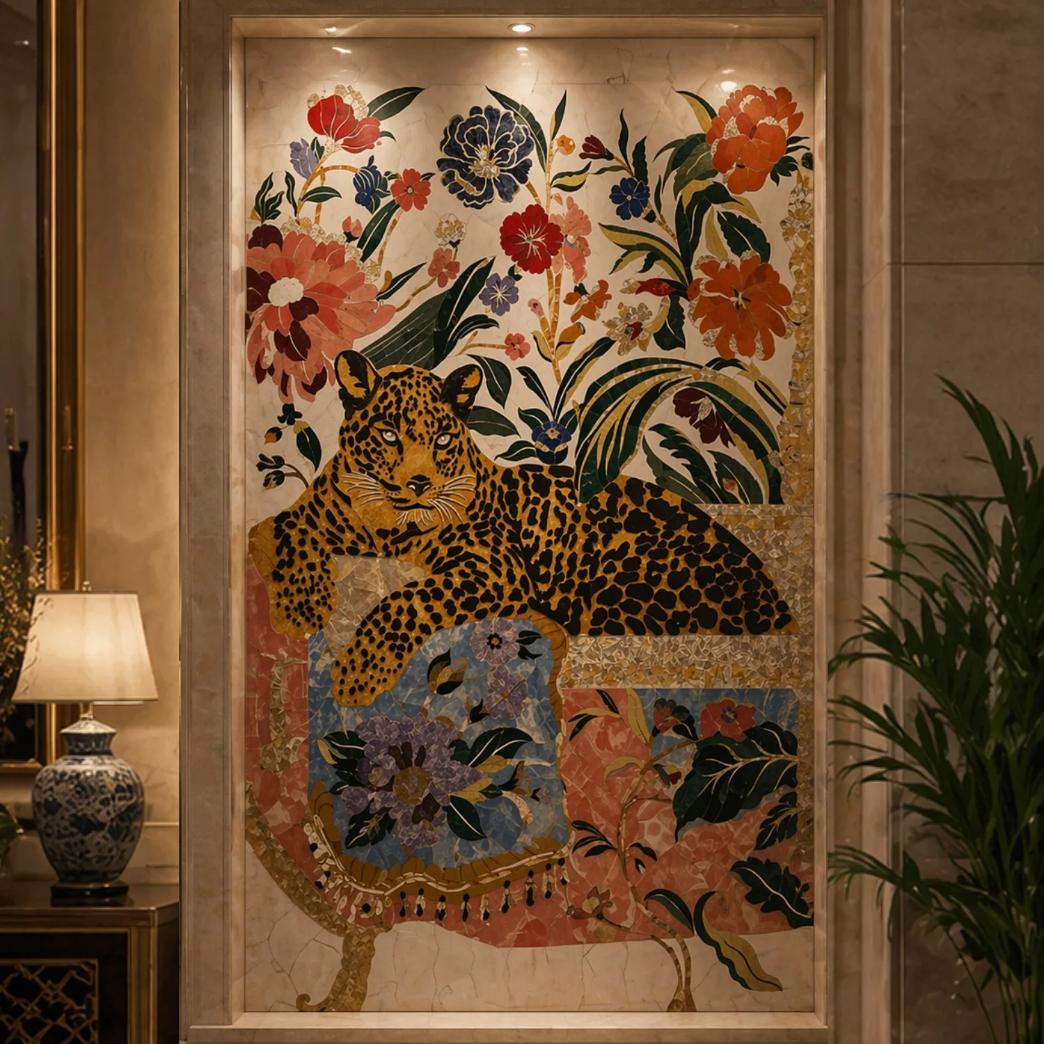Royal Leopard Marble Inlay Wall Panel