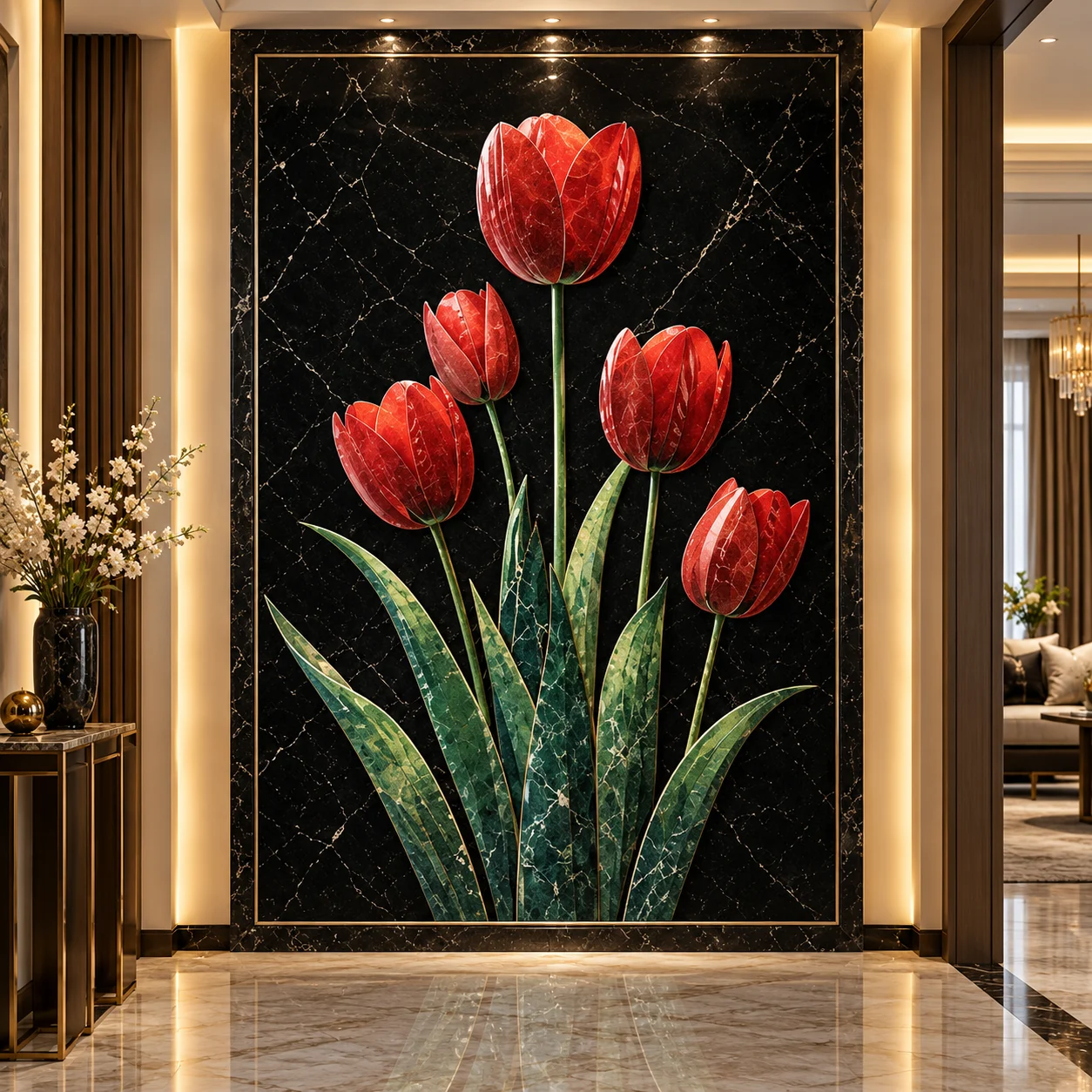 Ruby Tulip Marble Inlay Wall Art