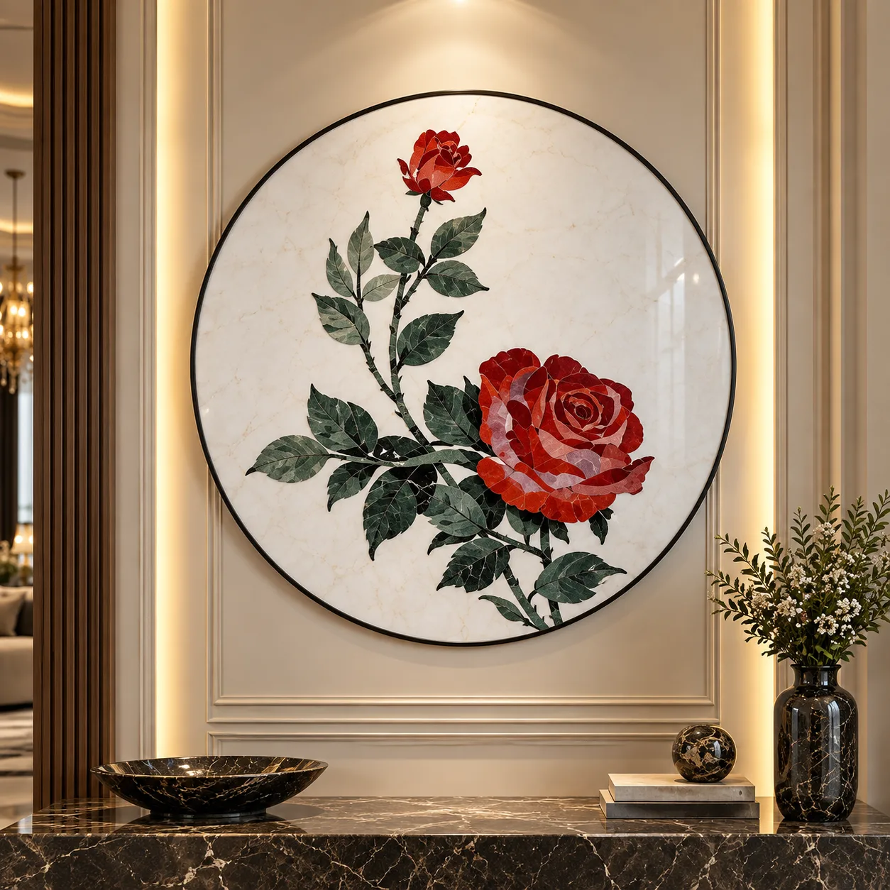 Scarlet Rose Marble Inlay Wall Art