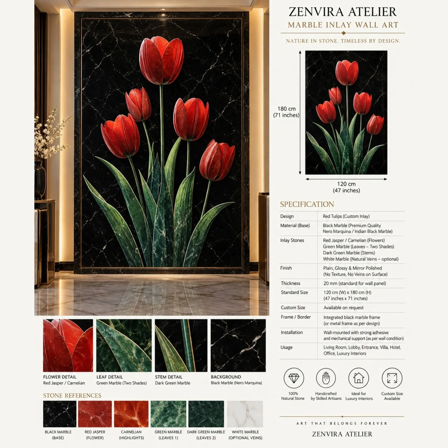 Ruby Tulip Marble Inlay Wall Art