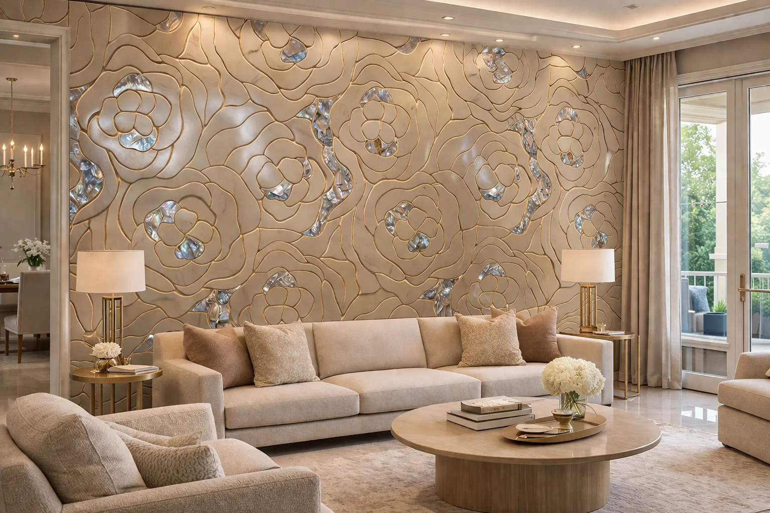 Hall view of Celeste Pearl Floral Inlay Panel