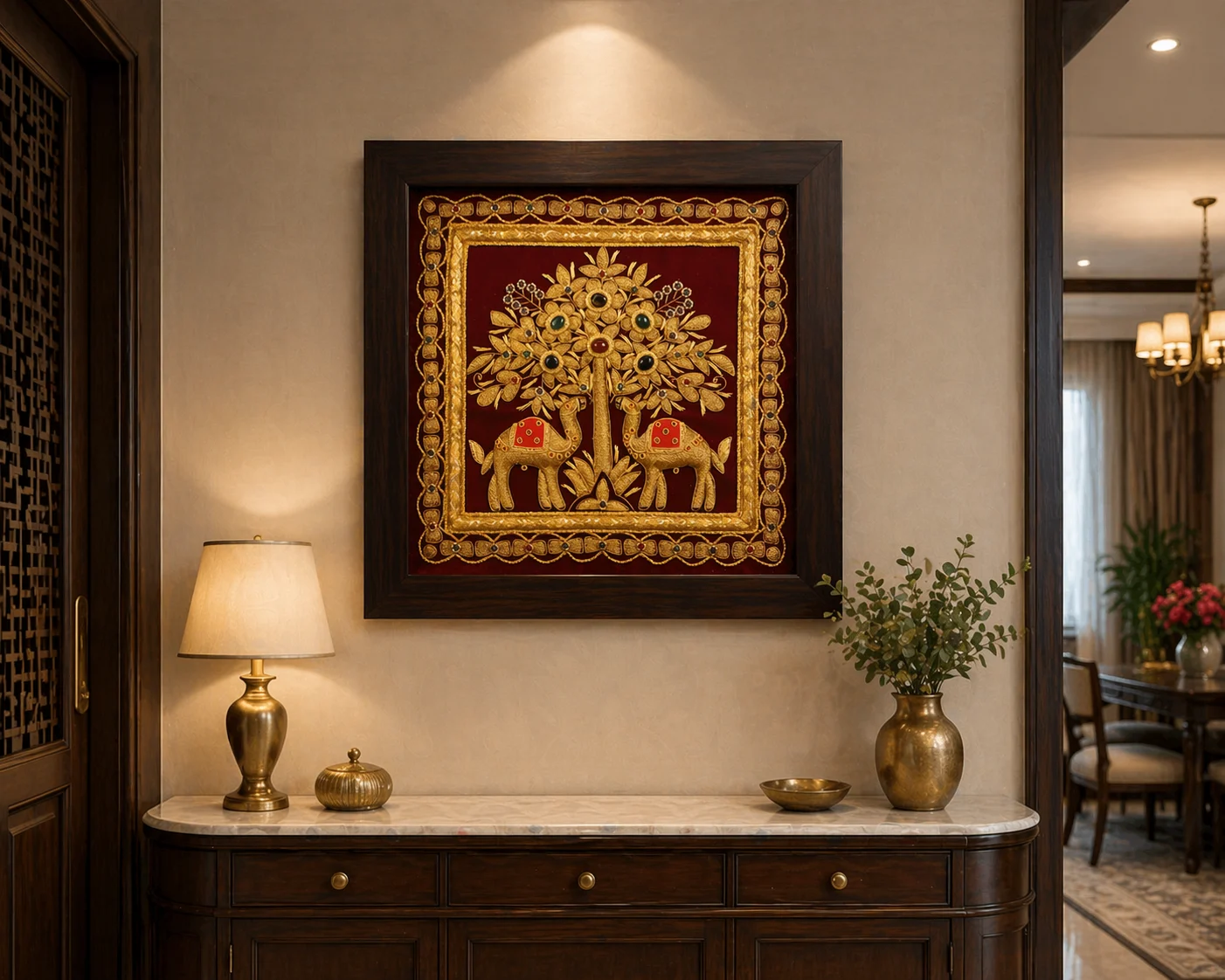 Handcrafted Gold Zardozi Elephant Tree Wall Art