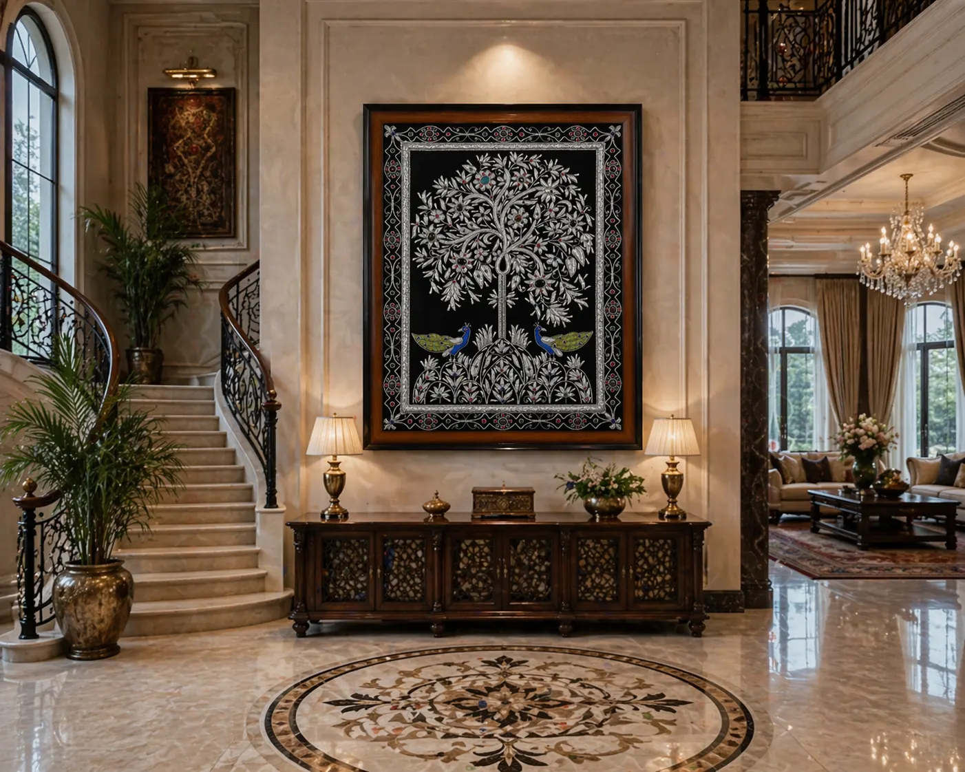 Silver Tree with Royal Peacocks Wall Art